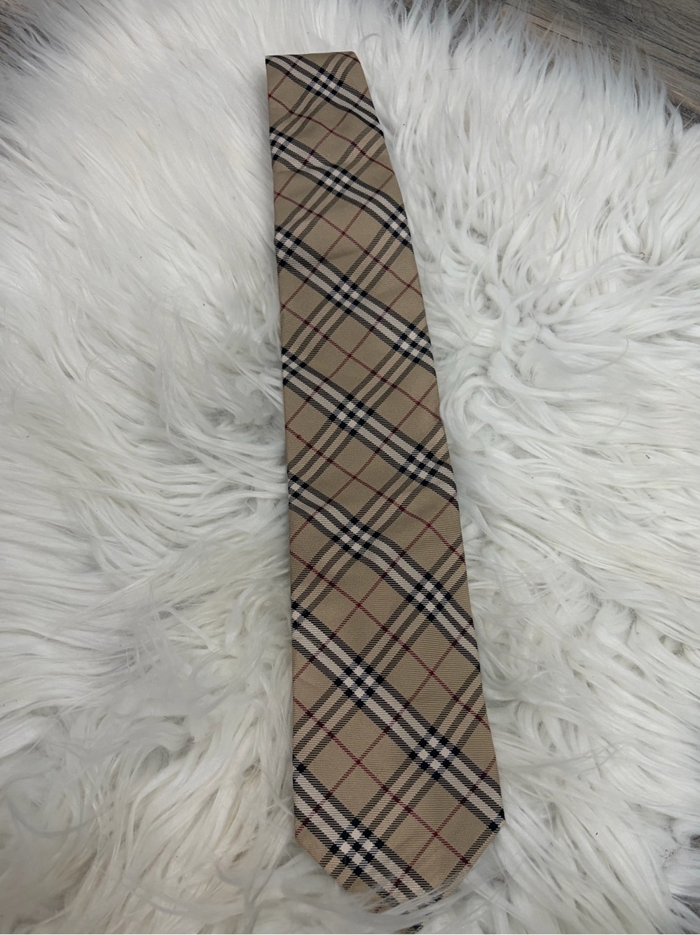 Burberry Beige Plaid Tie with Black and Red Accents
